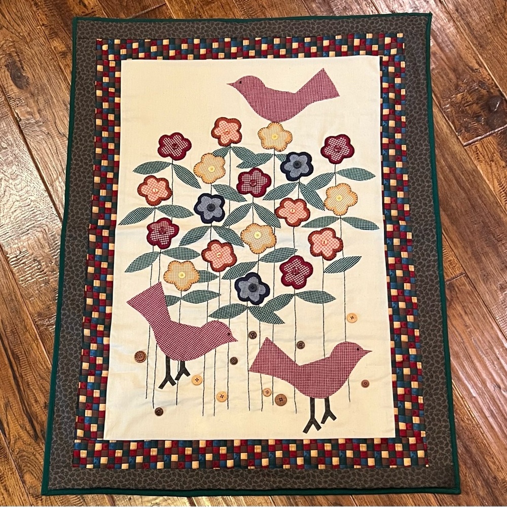 Colorful Birds and Flowers Embroidered Wall Hanging Tapestry or Table Topper